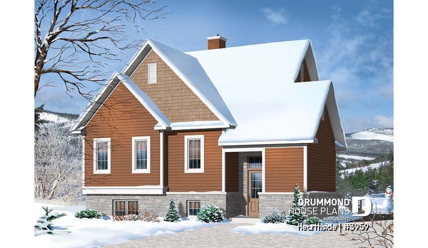 front - BASE MODEL - Ski chalet house plan with 2 living rooms, 1 to 4 bedrooms and a fireplace, affordable - Hearthside