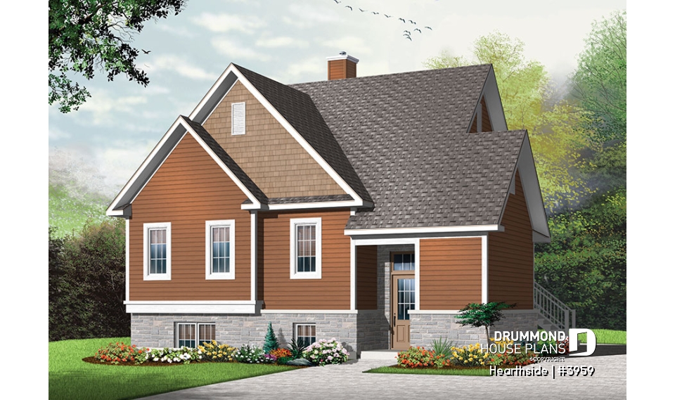 front - BASE MODEL - Ski chalet house plan with 2 living rooms, 1 to 4 bedrooms and a fireplace, affordable - Hearthside