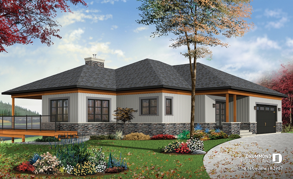 front - BASE MODEL - Lakefront house plan, 1 to 4 beds, open floor plans, large covered terrace, walkout basement, 2 family rooms - The Belvedere
