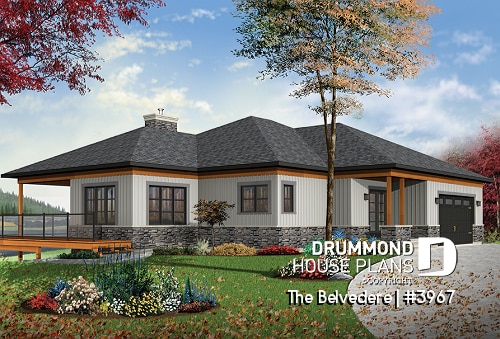 front - BASE MODEL - Lakefront house plan, 1 to 4 beds, open floor plans, large covered terrace, walkout basement, 2 family rooms - The Belvedere