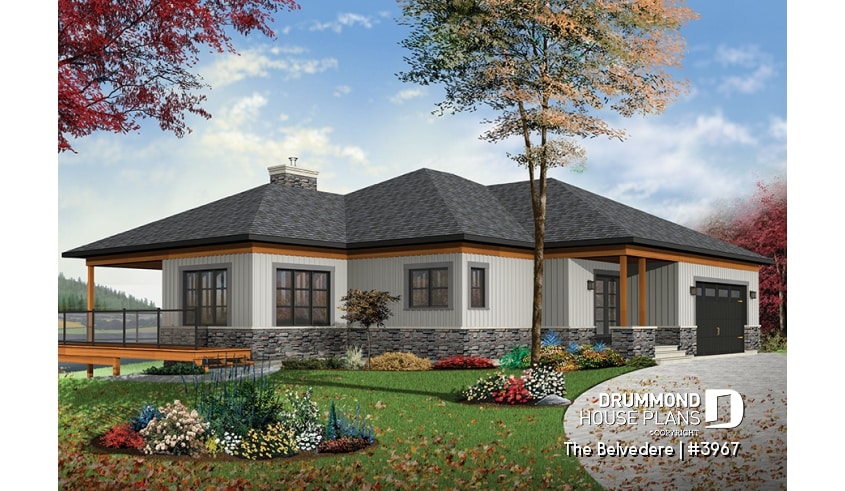 front - BASE MODEL - Lakefront house plan, 1 to 4 beds, open floor plans, large covered terrace, walkout basement, 2 family rooms - The Belvedere
