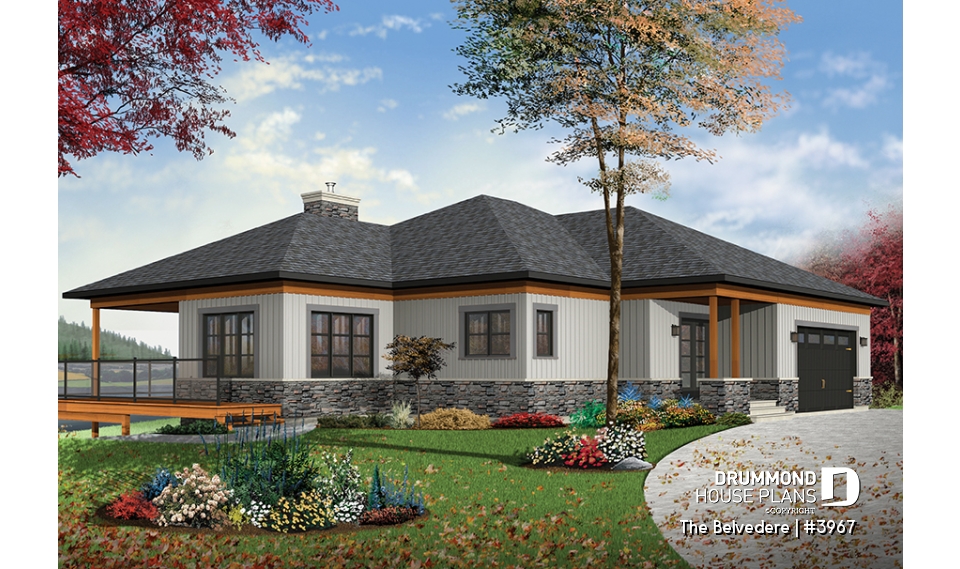 front - BASE MODEL - Lakefront house plan, 1 to 4 beds, open floor plans, large covered terrace, walkout basement, 2 family rooms - The Belvedere