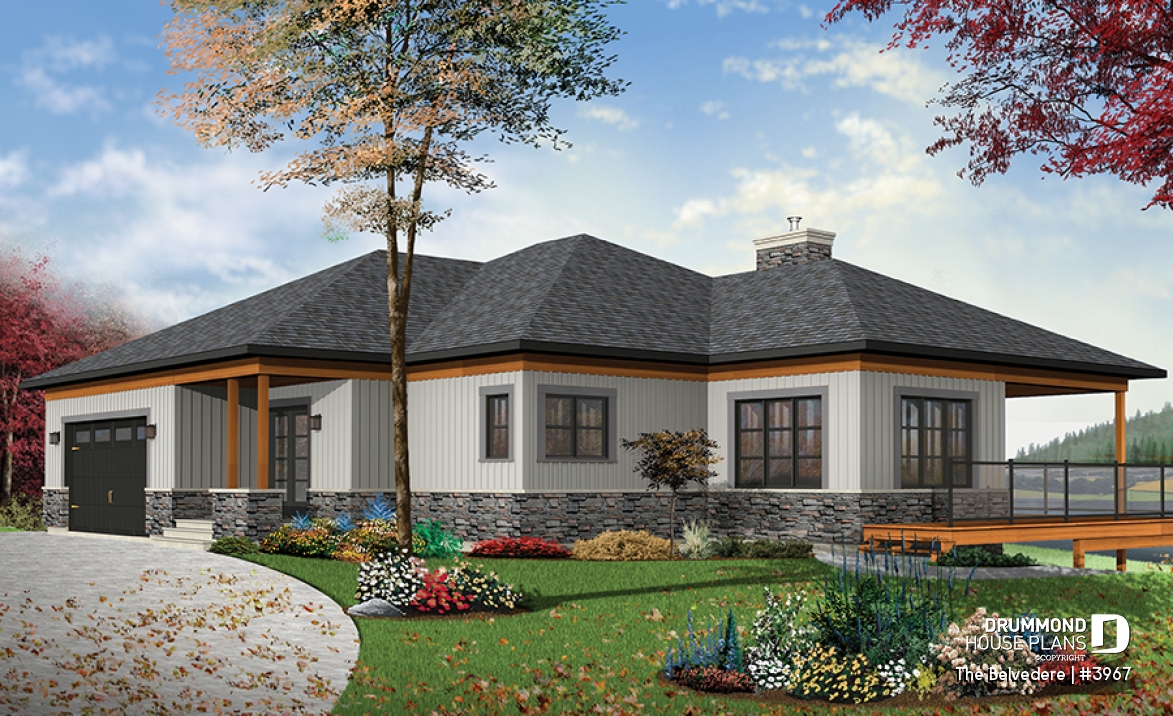 front - BASE MODEL - Lakefront house plan, 1 to 4 beds, open floor plans, large covered terrace, walkout basement, 2 family rooms - The Belvedere