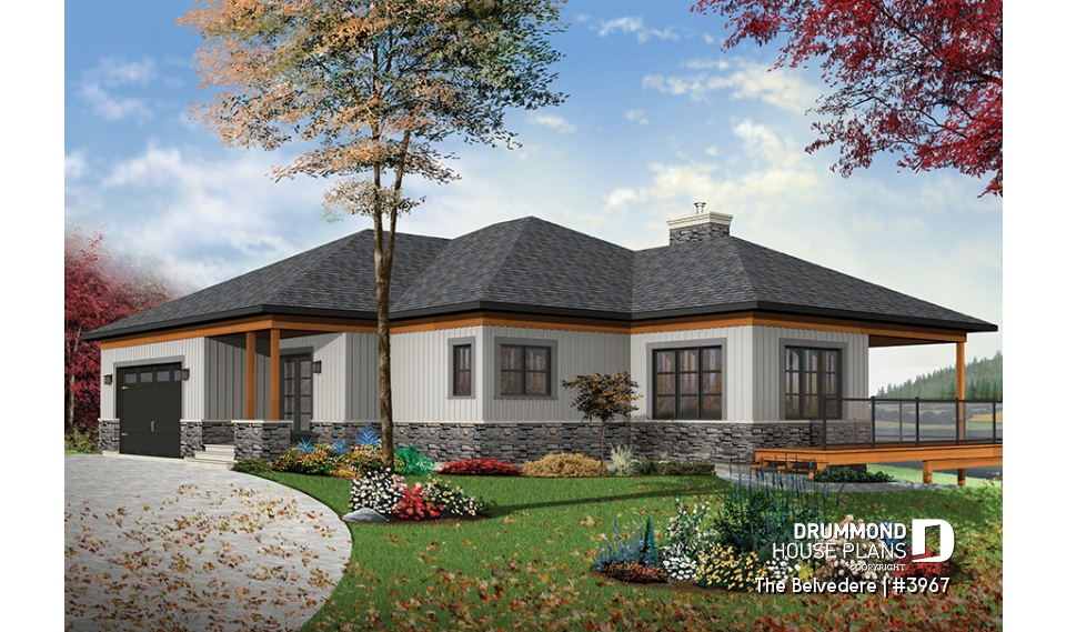 front - BASE MODEL - Lakefront house plan, 1 to 4 beds, open floor plans, large covered terrace, walkout basement, 2 family rooms - The Belvedere