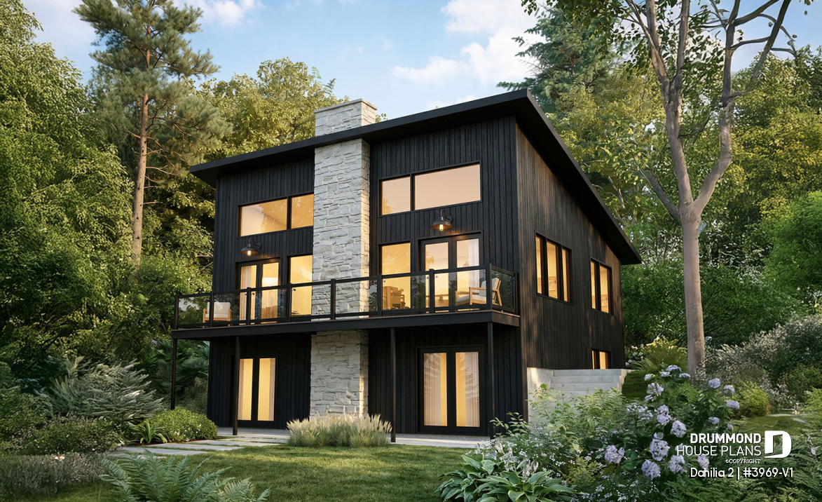 Rear view - BASE MODEL - Rustic Walkout Cottage Plan with a STÛV Wood Stove and Up to 4 Bedrooms - Dahilia 2