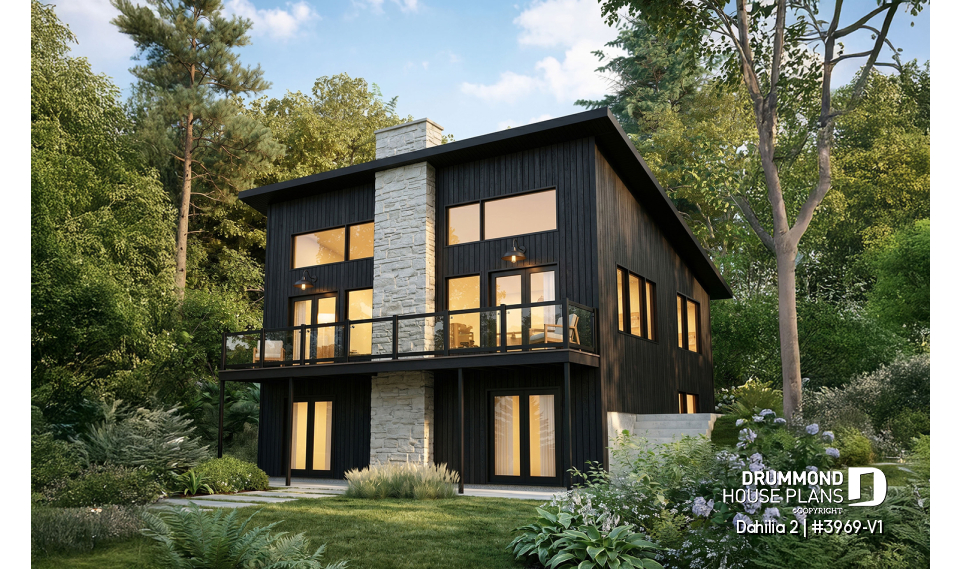 Rear view - BASE MODEL - Rustic Walkout Cottage Plan with a STÛV Wood Stove and Up to 4 Bedrooms - Dahilia 2