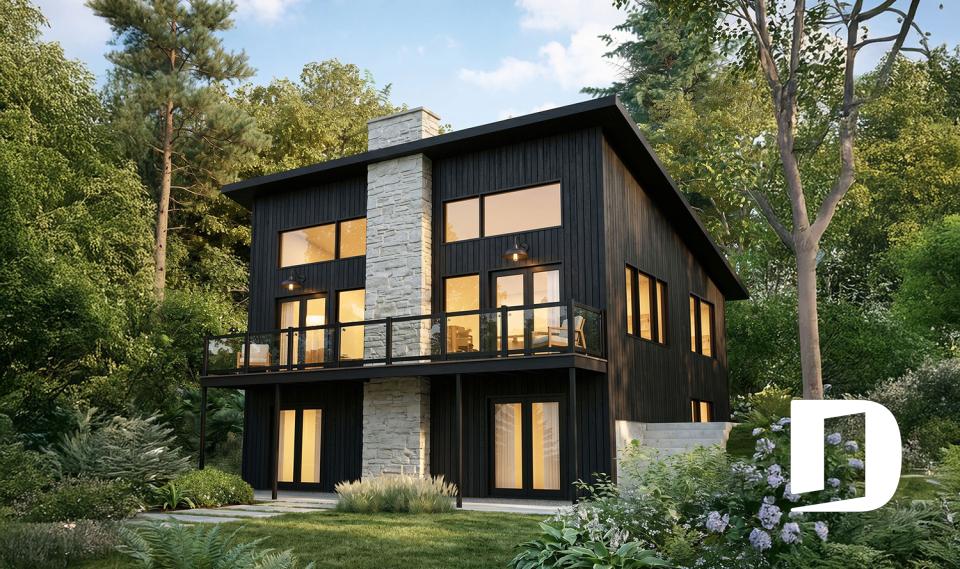 Rear view - BASE MODEL - Rustic Walkout Cottage Plan with a STÛV Wood Stove and Up to 4 Bedrooms - Dahilia 2