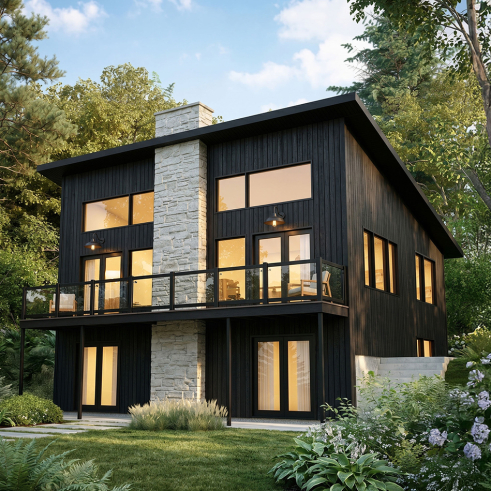 Rear view - BASE MODEL - Rustic Shed Roof Cottage Plan with Walkout Basement, STÛV Wood Stove and Up to 4 Bedrooms - Dahilia 2