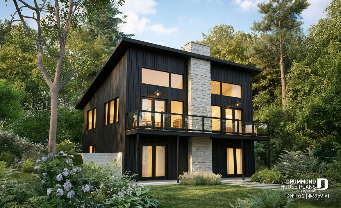 Rear view - BASE MODEL - Rustic Walkout Cottage Plan with a STÛV Wood Stove and Up to 4 Bedrooms - Dahilia 2