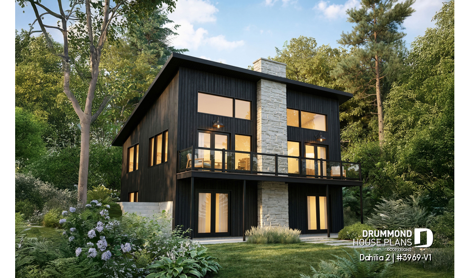 Rear view - BASE MODEL - Rustic Walkout Cottage Plan with a STÛV Wood Stove and Up to 4 Bedrooms - Dahilia 2
