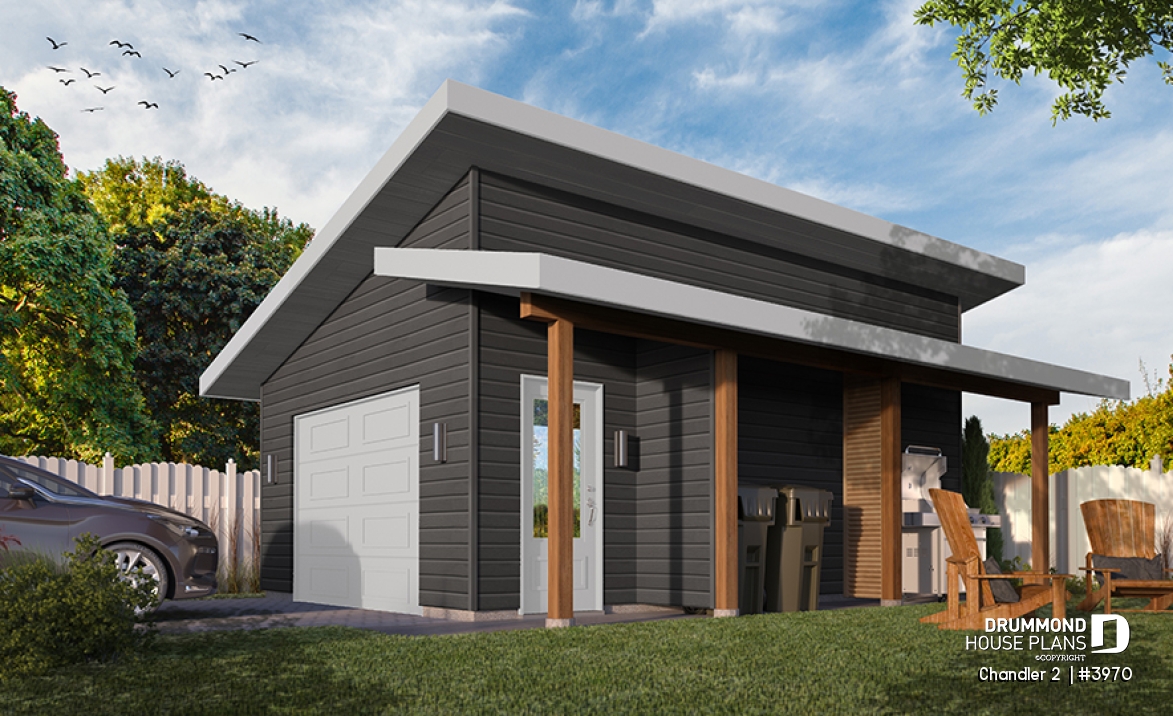 front - BASE MODEL - One-car garage plan with a side covered porch, ideal to protect the BBQ  - Chandler 2 