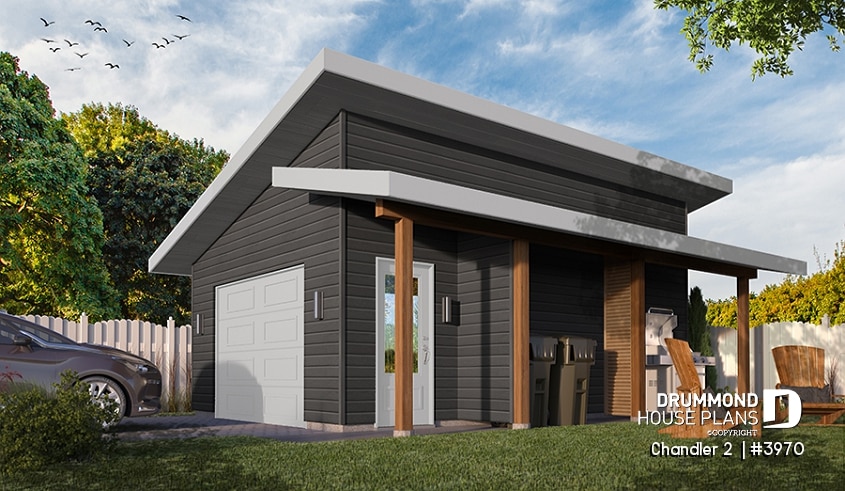 front - BASE MODEL - One-car garage plan with a side covered porch, ideal to protect the BBQ  - Chandler 2 