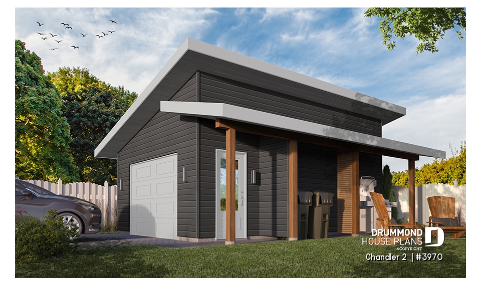 front - BASE MODEL - One-car garage plan with a side covered porch, ideal to protect the BBQ  - Chandler 2 