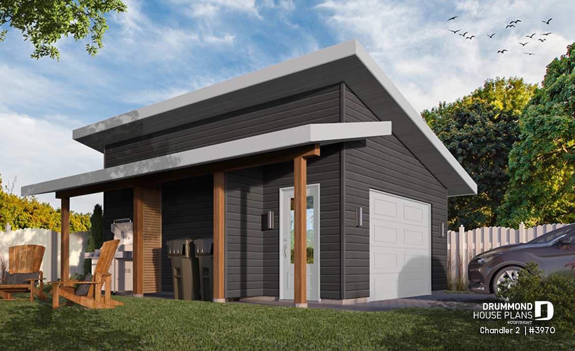 front - BASE MODEL - One-car garage plan with a side covered porch, ideal to protect the BBQ  - Chandler 2 