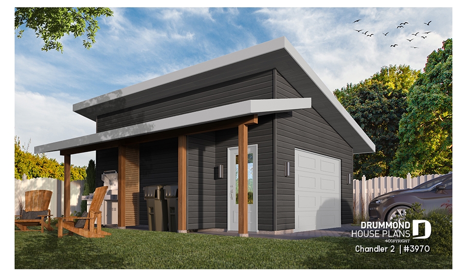 front - BASE MODEL - One-car garage plan with a side covered porch, ideal to protect the BBQ  - Chandler 2 