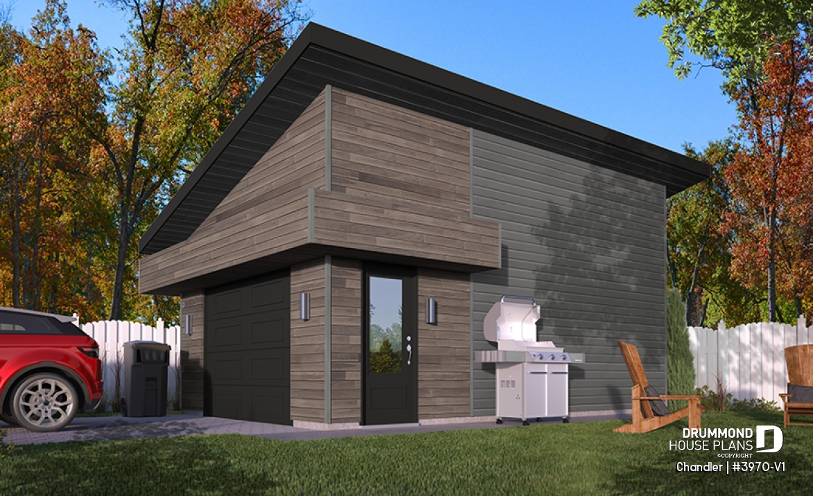 front - BASE MODEL - One-car garage plan, perfect match for modern, contemporary or rustic style home design, 9' ceiling - Chandler