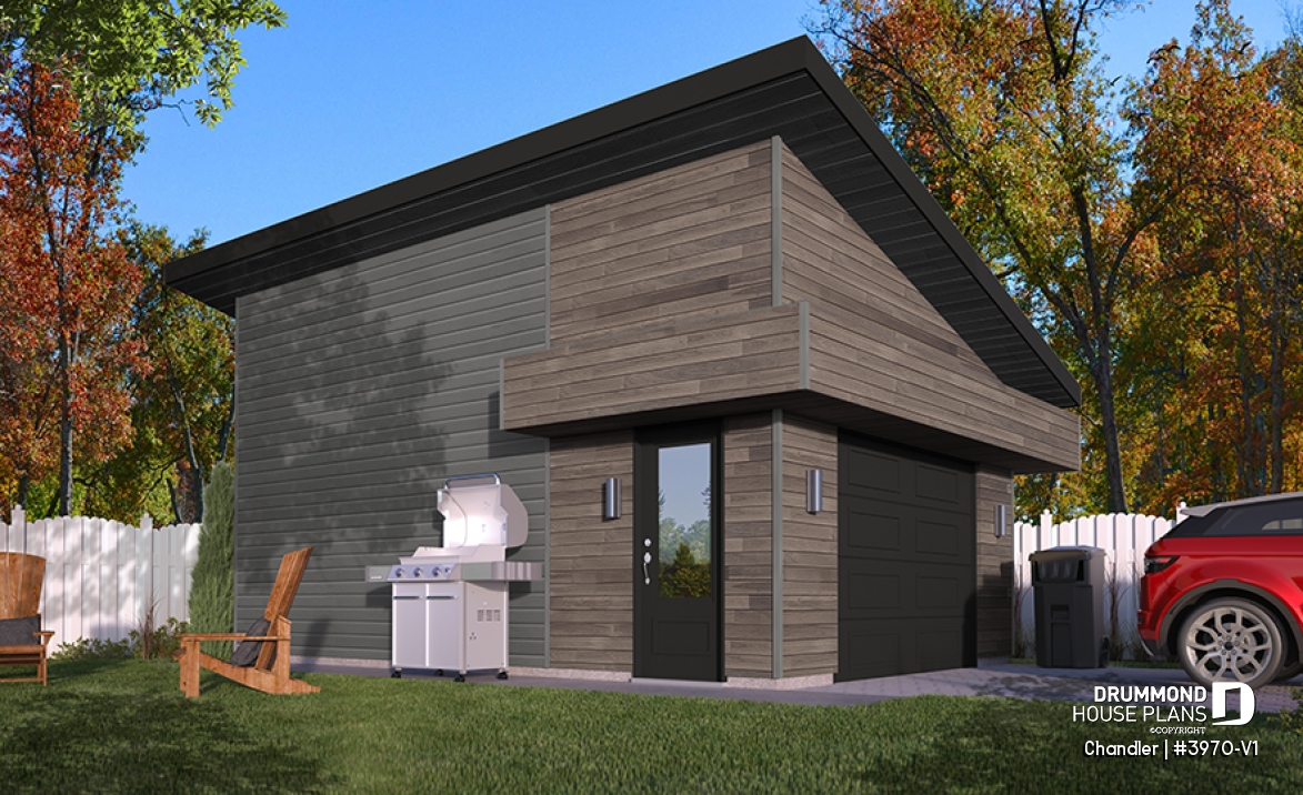 front - BASE MODEL - One-car garage plan, perfect match for modern, contemporary or rustic style home design, 9' ceiling - Chandler