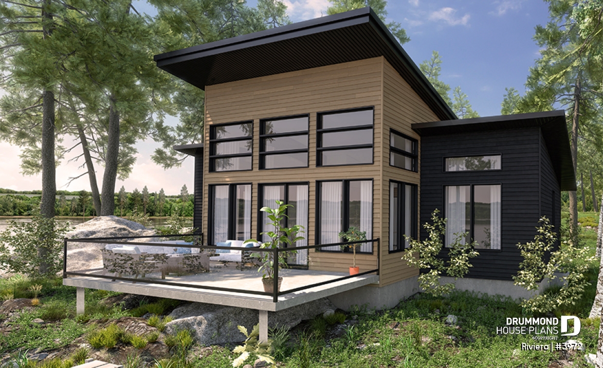 Rear view - BASE MODEL - Small modern cottage plan, 2 bedrooms, ideal waterfront layout, nice master bedroom, open concept - Riviera