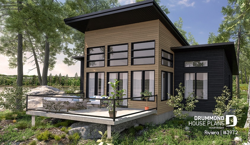 Rear view - BASE MODEL - Small modern cottage plan, 2 bedrooms, ideal waterfront layout, nice master bedroom, open concept - Riviera