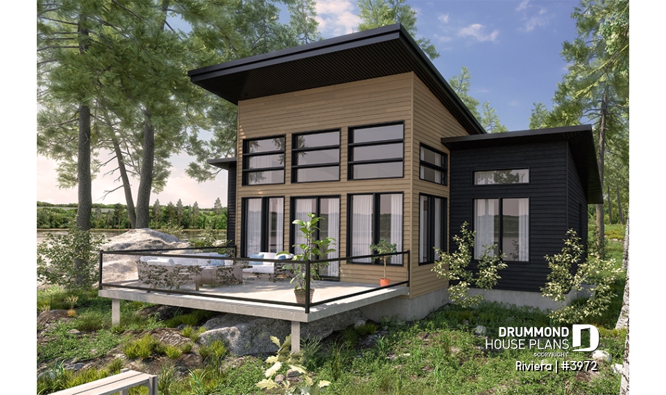 Rear view - BASE MODEL - Small modern cottage plan, 2 bedrooms, ideal waterfront layout, nice master bedroom, open concept - Riviera