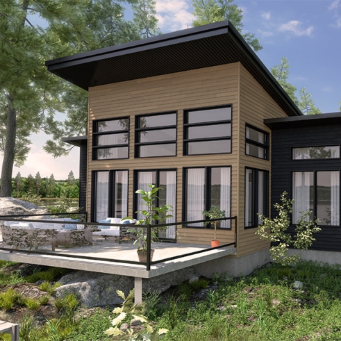 Rear view - BASE MODEL - Small modern cottage plan, 2 bedrooms, ideal waterfront layout, nice master bedroom, open concept - Riviera