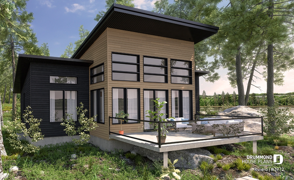Rear view - BASE MODEL - Small modern cottage plan, 2 bedrooms, ideal waterfront layout, nice master bedroom, open concept - Riviera