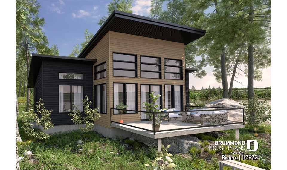 Rear view - BASE MODEL - Small modern cottage plan, 2 bedrooms, ideal waterfront layout, nice master bedroom, open concept - Riviera