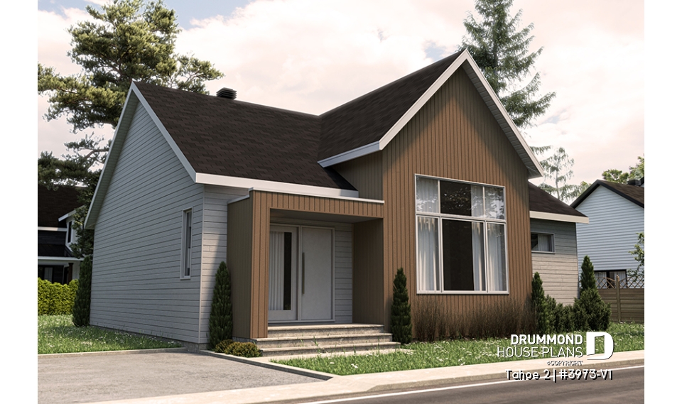 front - BASE MODEL - Scandinavian one-storey house plan, 2 bedrooms, large kitchen, open concept, mudroom, pantry - Tahoe 2