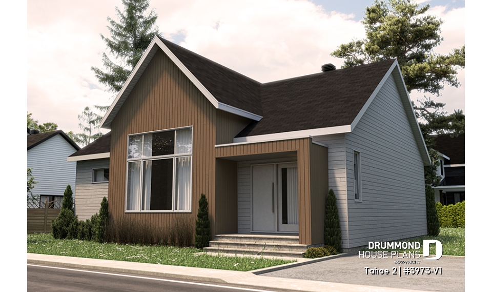 front - BASE MODEL - Scandinavian one-storey house plan, 2 bedrooms, large kitchen, open concept, mudroom, pantry - Tahoe 2