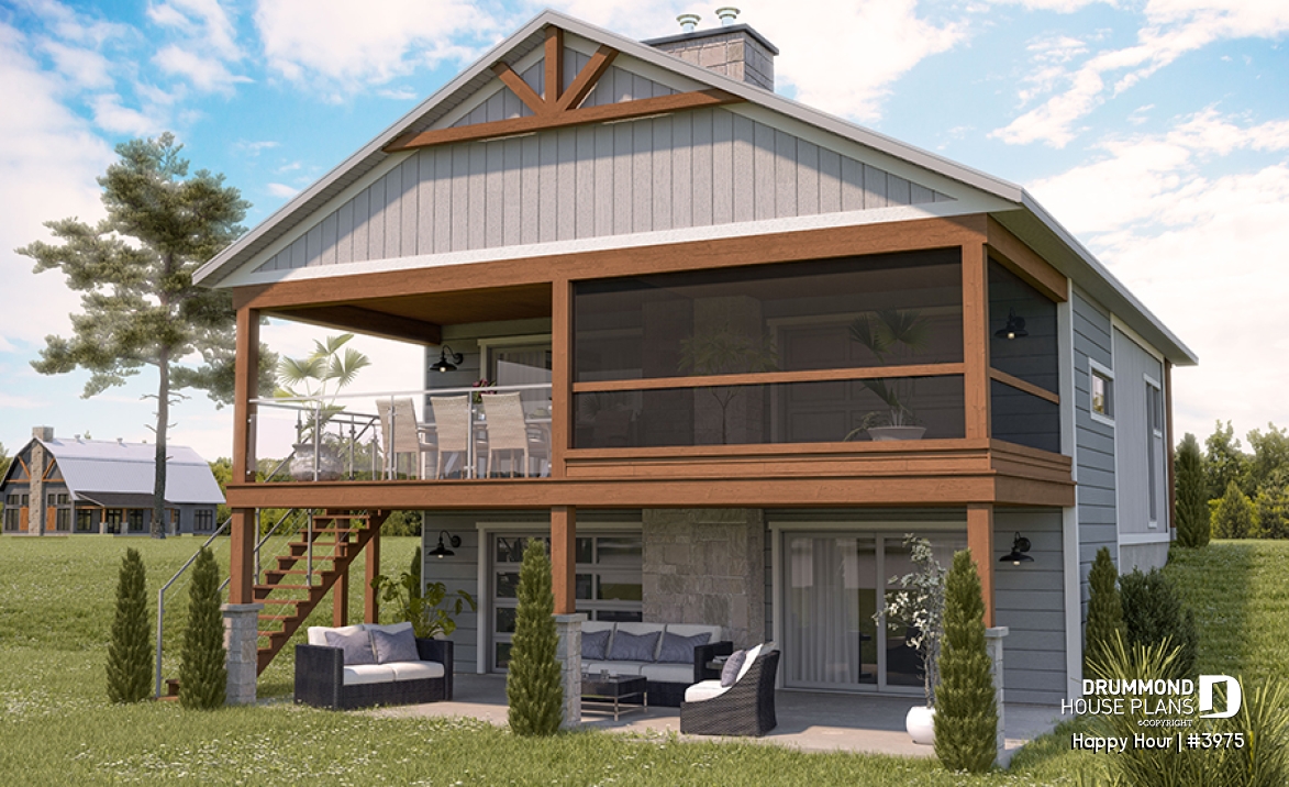 Rear view - BASE MODEL - Small Moderne House Plan with Walkout Basement, Cathedral Ceiling, 2 Fireplaces, Covered Terraces - Happy Hour