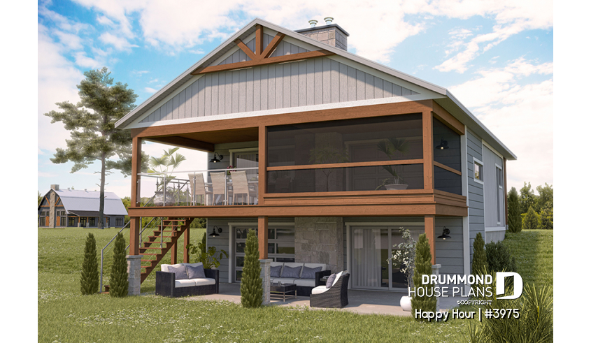 Rear view - BASE MODEL - Cottage house plan with 3 stunning separate outdoor terraces, and open floor plan inside! - Happy Hour