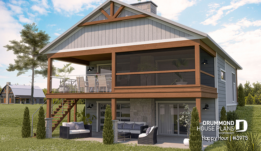 Rear view - BASE MODEL - Cottage house plan with 3 stunning separate outdoor terraces, and open floor plan inside! - Happy Hour
