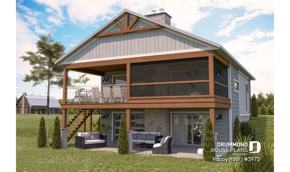 Rear view - BASE MODEL - Small Moderne House Plan with Walkout Basement, Cathedral Ceiling, 2 Fireplaces, Covered Terraces - Happy Hour