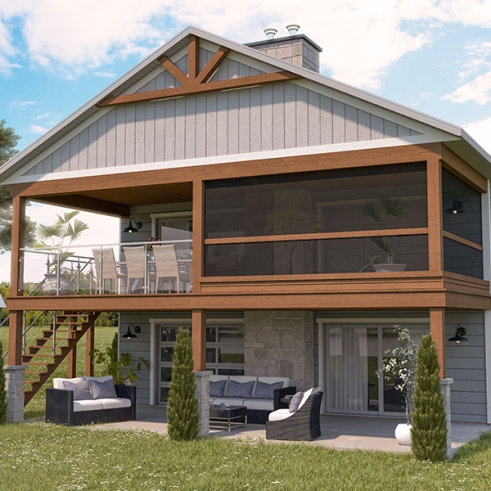 Rear view - BASE MODEL - Small Moderne House Plan with Walkout Basement, Cathedral Ceiling, 2 Fireplaces, Covered Terraces - Happy Hour