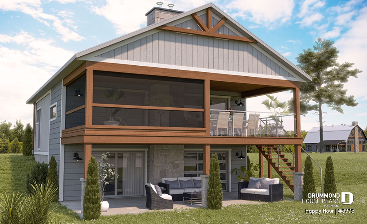 Rear view - BASE MODEL - Small Moderne House Plan with Walkout Basement, Cathedral Ceiling, 2 Fireplaces, Covered Terraces - Happy Hour