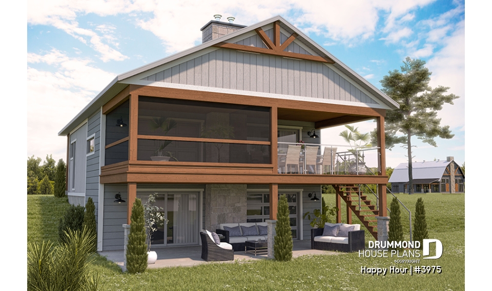 Rear view - BASE MODEL - Small Moderne House Plan with Walkout Basement, Cathedral Ceiling, 2 Fireplaces, Covered Terraces - Happy Hour