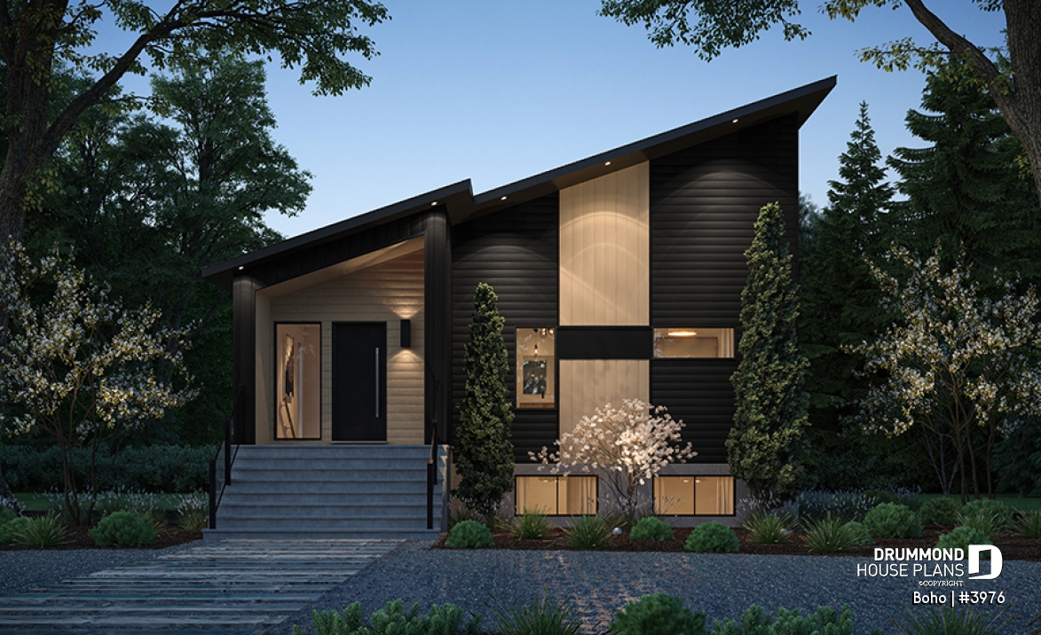front - BASE MODEL - Small modern 1-storey house plan, opt. finished basement for a total of 4 beds, 2 family rooms and 2.5 baths - Boho