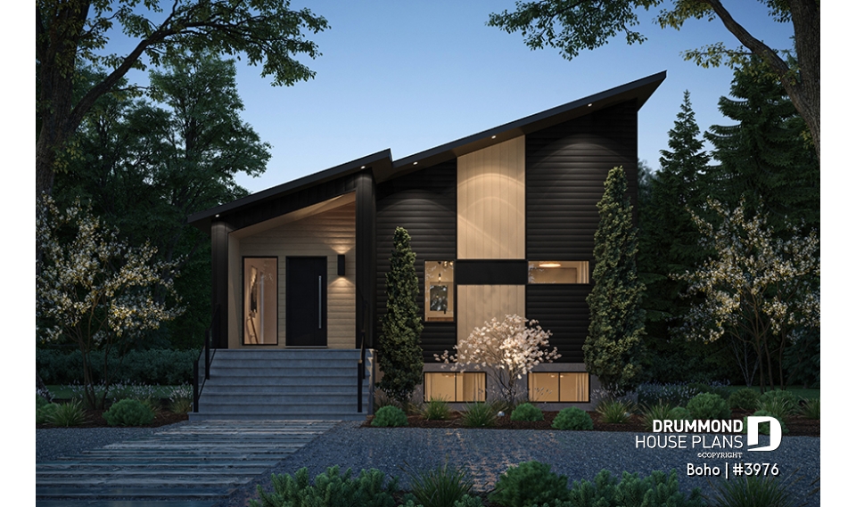 front - BASE MODEL - Small modern 1-storey house plan, opt. finished basement for a total of 4 beds, 2 family rooms and 2.5 baths - Boho