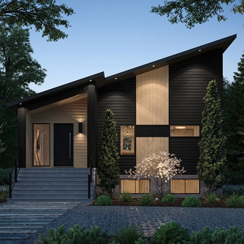 front - BASE MODEL - Small modern 1-storey house plan, opt. finished basement for a total of 4 beds, 2 family rooms and 2.5 baths - Boho