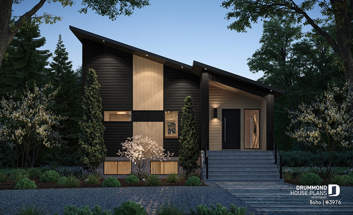 front - BASE MODEL - Small modern 1-storey house plan, opt. finished basement for a total of 4 beds, 2 family rooms and 2.5 baths - Boho