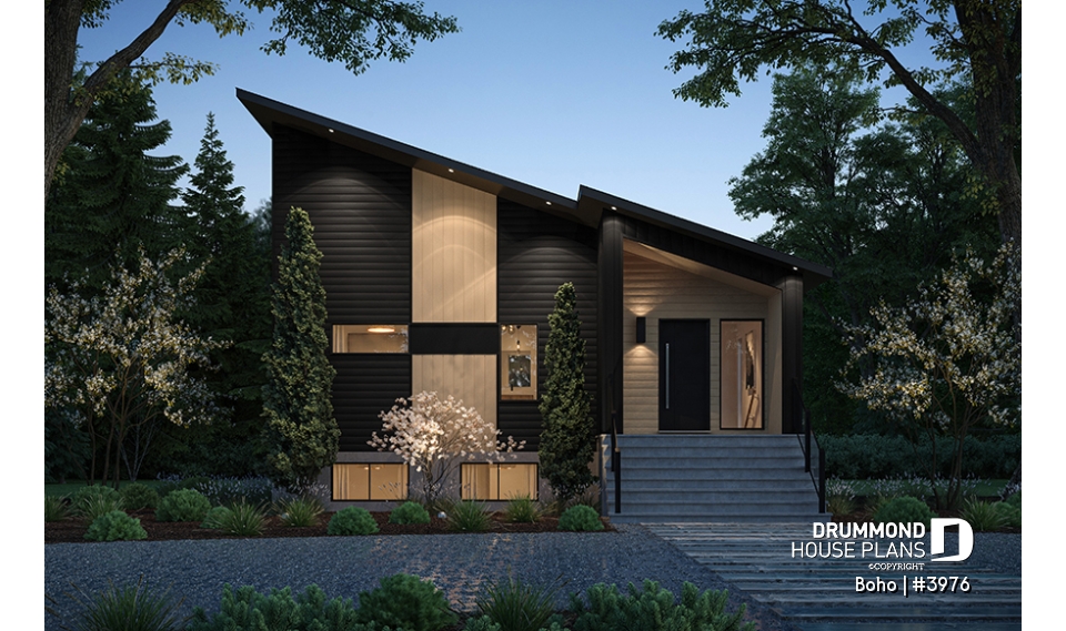 front - BASE MODEL - Small modern 1-storey house plan, opt. finished basement for a total of 4 beds, 2 family rooms and 2.5 baths - Boho