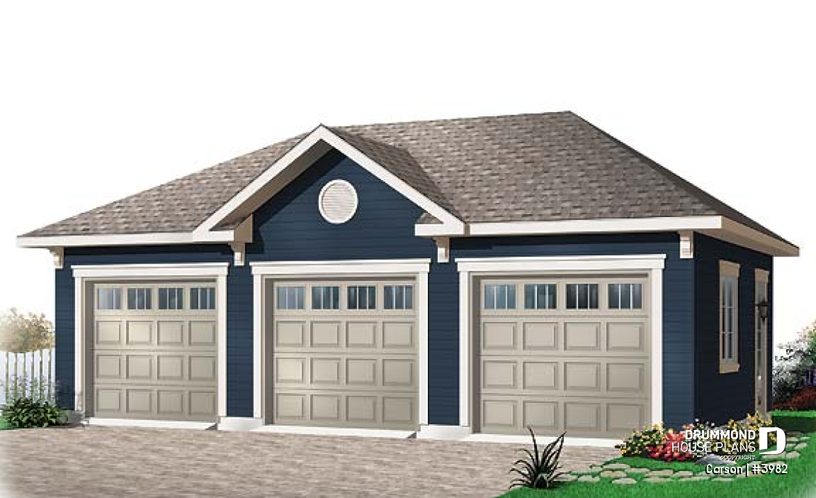 front - BASE MODEL - Simple 3-car garage plan, with garage doors at the front and the back - Carson