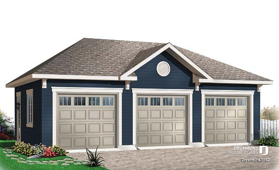 front - BASE MODEL - Simple 3-car garage plan, with garage doors at the front and the back - Carson