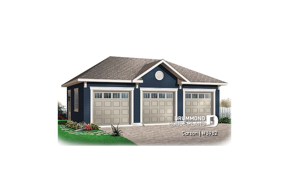 front - BASE MODEL - Simple 3-car garage plan, with garage doors at the front and the back - Carson