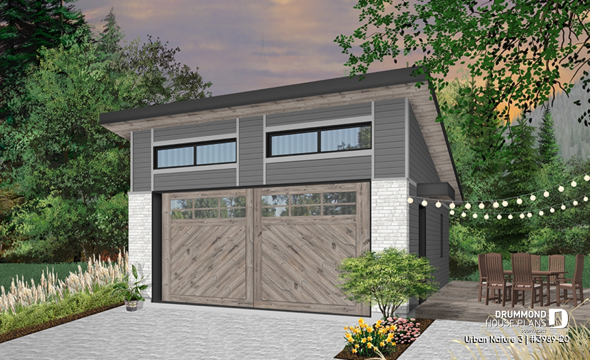 front - BASE MODEL - Two-car garage plan with one garage door, lateral door access, variable ceiling height - Urban Nature 3