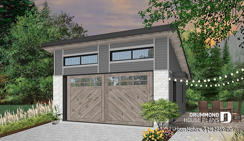 front - BASE MODEL - Two-car garage plan with one garage door, lateral door access, variable ceiling height - Urban Nature 3