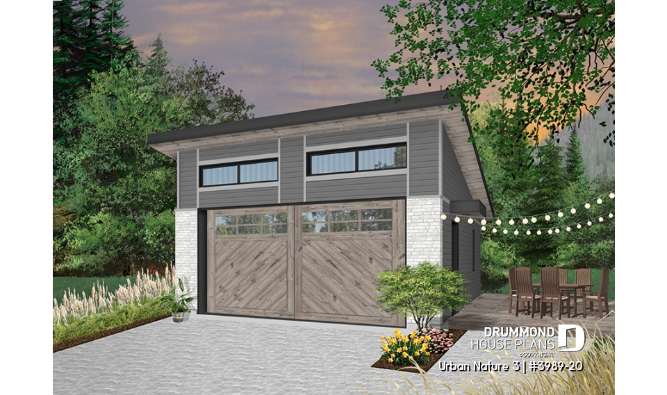 front - BASE MODEL - Two-car garage plan with one garage door, lateral door access, variable ceiling height - Urban Nature 3