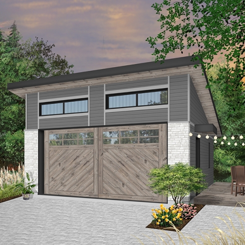 front - BASE MODEL - Two-car garage plan with one garage door, lateral door access, variable ceiling height - Urban Nature 3