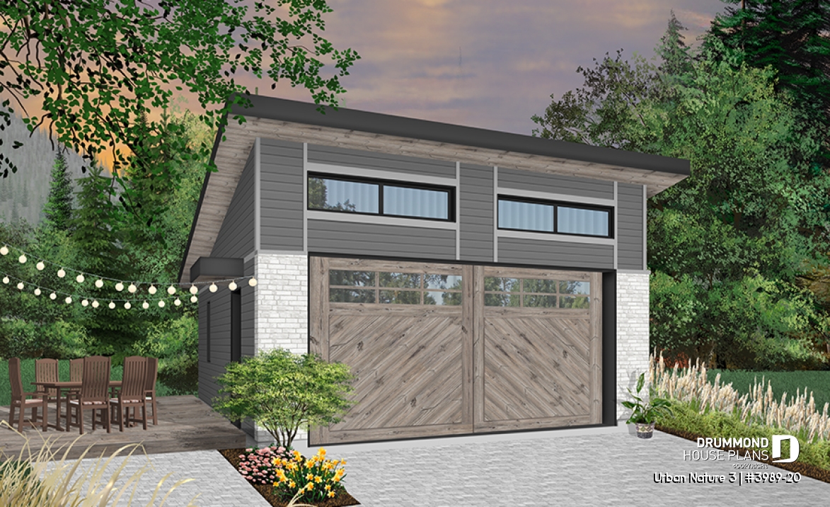 front - BASE MODEL - Two-car garage plan with one garage door, lateral door access, variable ceiling height - Urban Nature 3