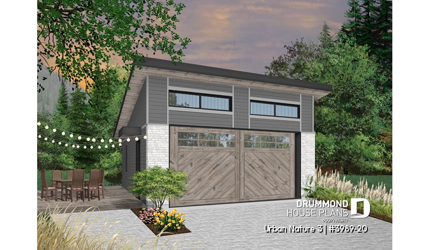 front - BASE MODEL - Two-car garage plan with one garage door, lateral door access, variable ceiling height - Urban Nature 3